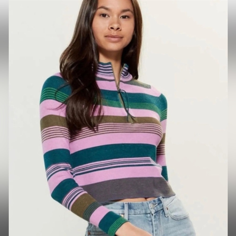 Free People Riptide Striped 1/2 Zip Mock Neck Crop Sweater Size M NWT